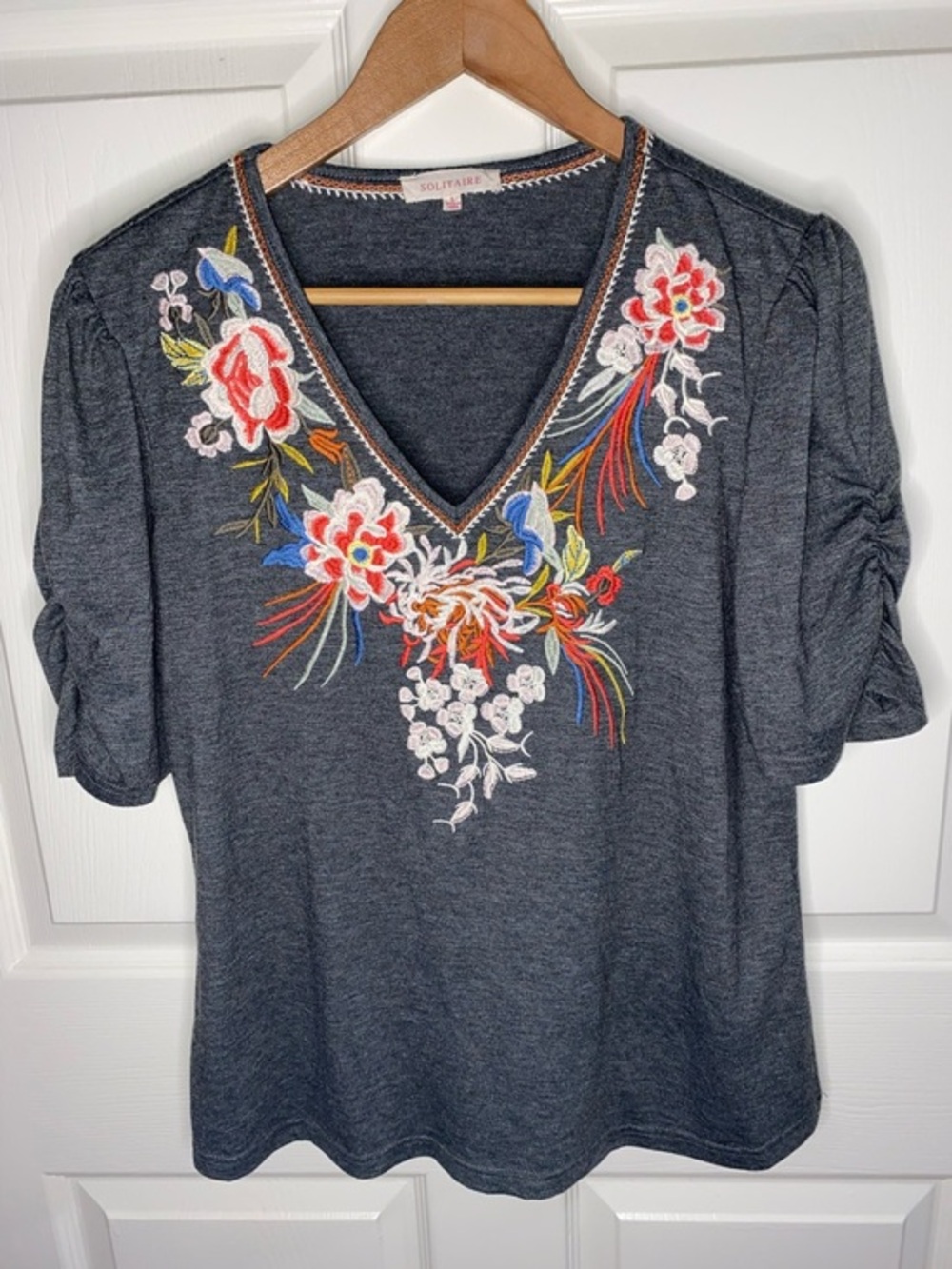 Solitaire Charcoal V-Neck Top with Multicolor Floral Embroidery, Bohemian